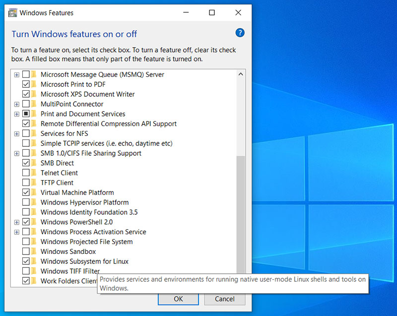 Windows Subsystem for Linux to be checked as shown in the screenshot